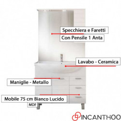 Mobile Bagno con Pensile - 85 cm |2 Ante e 3 Cassetti + Specchio + Faretti |Colore BIANCO