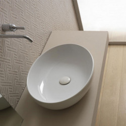 Lavabo d'Appoggio 55xh13,5 cm - EASY - Ovale in Ceramica Bianco Lucido - Smaltato sui Lati