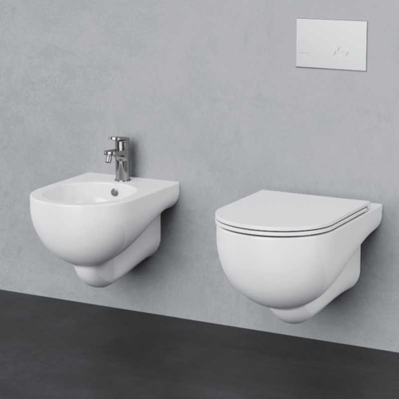 Coppia Sanitari Sospesi NUVOLA - WC con Sedile Soft Close + Bidet - Ceramica Bianco