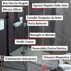 Box Doccia Angolare 80x140 cm 8MILL INFINITY - Cristallo 8mm - Porta Battente| H 200 cm - Sgancio Rapido