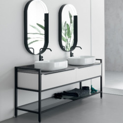 Composizione Mobile Bagno COMPAB da 175 cm - Made in Italy - Colore Bianco Opaco + Nero - Lavabo In Ceramica