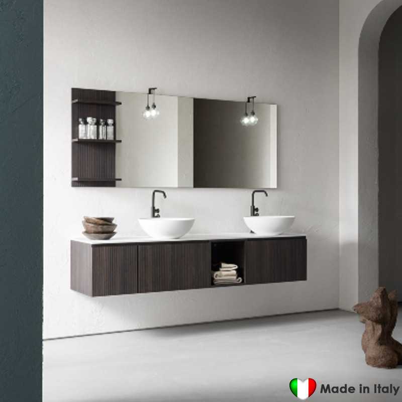 Composizione Mobile Bagno COMPAB da 191 cm - Made in Italy - Legno Scuro - Effetto Millerighe| Lavabo Ceramica - Piano In Tekor