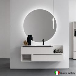 Composizione Mobile Bagno COMPAB 141 cm - Made in Italy |Bianco Millerighe + Maniglia Nera| Lavabo In Mineralguss...