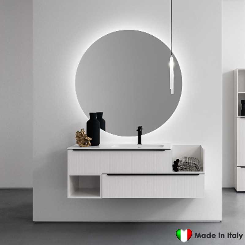 Mobile Bagno COMPAB 141 cm Sospeso| Made in Italy |Bianco Millerighe + Maniglia Nera| Lavabo In Mineralguss Bianco Opaco