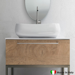 Mobile Bagno COMPAB da 96 cm - Made in Italy - Color Legno Naturale - Lavabo In Ceramica e Piano In Mineralguss