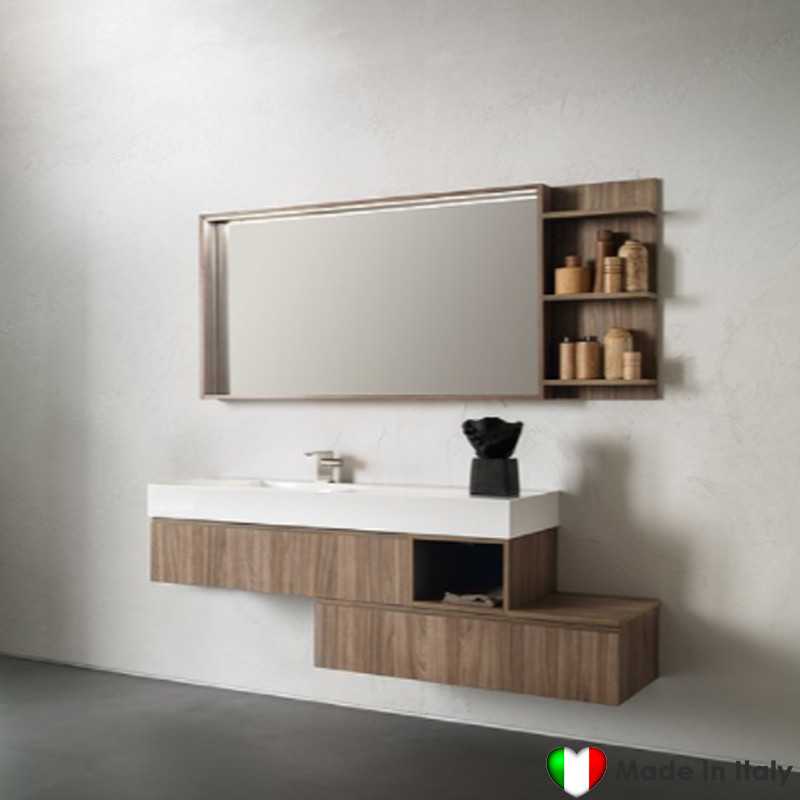 Mobile Bagno COMPAB Installazione Asimmetrica da 176 cm - Made in Italy |Colore Legno - Piano+Vasca Integrata In Mineralguss