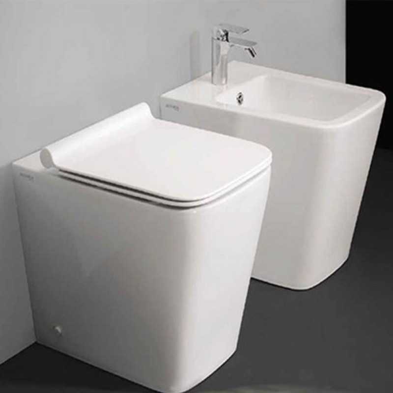 Coppia Sanitari a Terra WC+Sedile Soft Close + Bidet - FUJI ALTHEA - Ceramica - Colore Bianco - Squadrati - Risparmio Idrico
