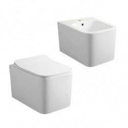 Coppia Sanitari Sospesi WC + Bidet | WC con Sedile Soft Close| Ceramica Bianco Squadrato Risparmio Idrico | TAK...