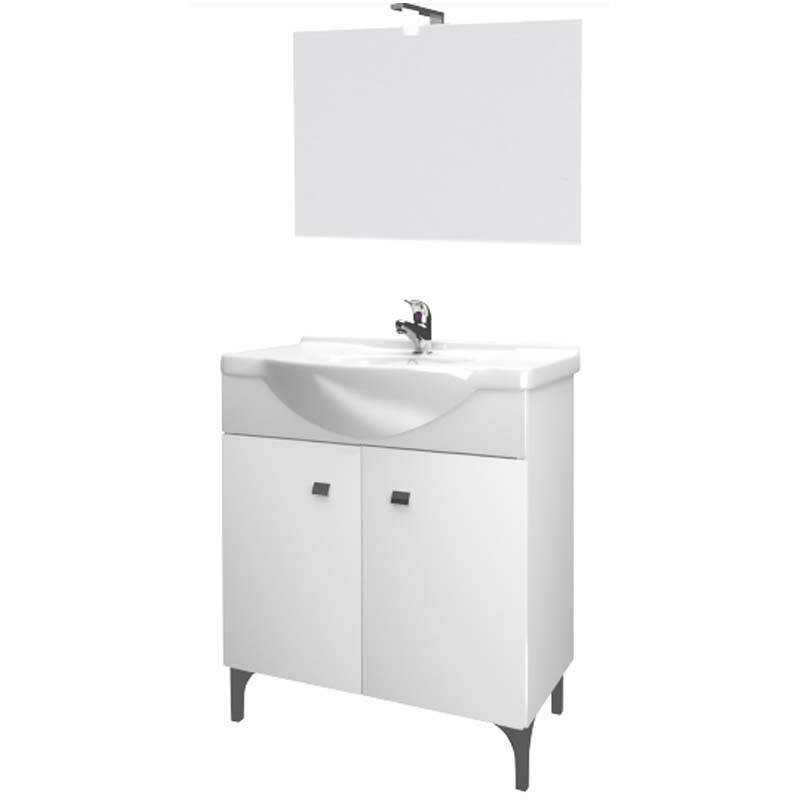 Composizione Mobile Bagno a Terra - 75 cm - Lavabo Integrato - Con Specchio e Faretto - Colore Bianco
