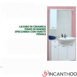 Composizione Mobile Bagno con Pensile da 93 cm|3 Ante e 1 Cassetto+ pensile + Specchio + Faretti| Colore Bianco Lucido