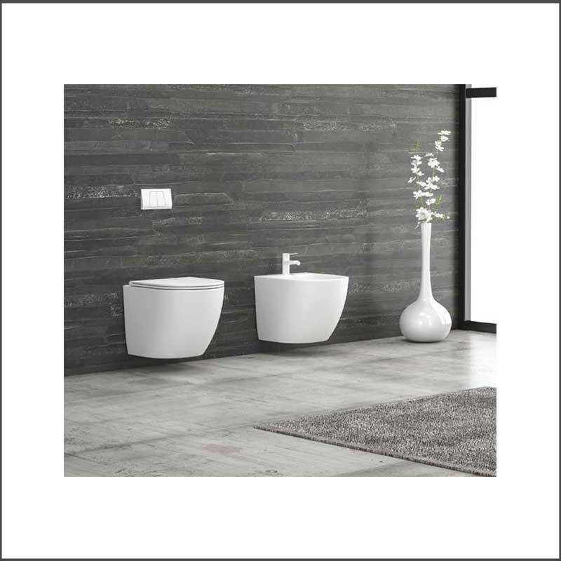WC Sospeso Rimless MILOS + Sedile Soft| Ceramica - Colore Bianco Opaco