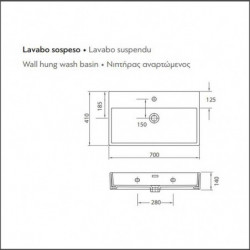 Lavabo Sospeso 70x41Xh14 cm DAPHNE | in Ceramica - Con Foro Troppopieno