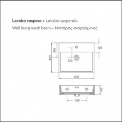 Lavabo Sospeso DAPHNE - 50x42xh14 cm - in Ceramica - Con Foro Troppopieno