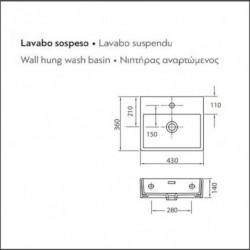 Lavabo Sospeso DAPHNE| 43x36xh14 cm - In Ceramica - Con Foro Troppopieno