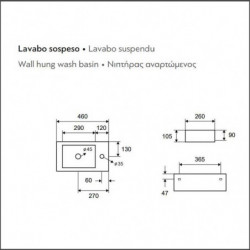 Lavabo Sospeso 46x26xh10,5 cm | In Ceramica - Con Foro Troppopieno