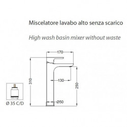 Miscelatore per Lavabo Alto 31 cm MAST - Design Moderno Linee Sottili - Senza Scarico