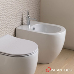 Coppia a Terra Filo Muro WC + Bidet Monoforo - Mod. LIKE - Sistema di Scarico Smart Clean - In Ceramica - Bianco Lucido