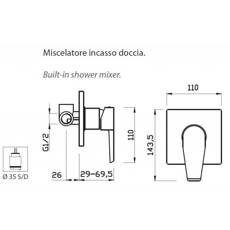 Miscelatore Doccia Design Moderno in ottone Finitura Cromata