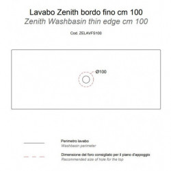 Lavabo d'Appoggio 100x40xh14 cm - Mod. ZENITH con Bordo Sottile da 100 cm - Forma Rettangolare - Ceramica Bianco