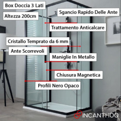 Box Doccia PscRapid 80x120x80 cm a Muro 3 Lati con 2 Ante Scorrevoli - 1 Lato Fisso - Profili Box Nero - Altezza 200 cm